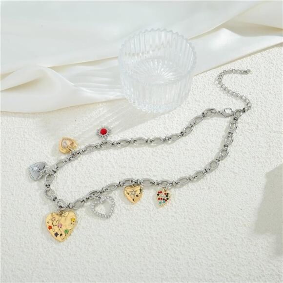 💖 Gold & Silver Puffy Heart Necklace | Crystal Charm Pendant - Picture 5 of 5